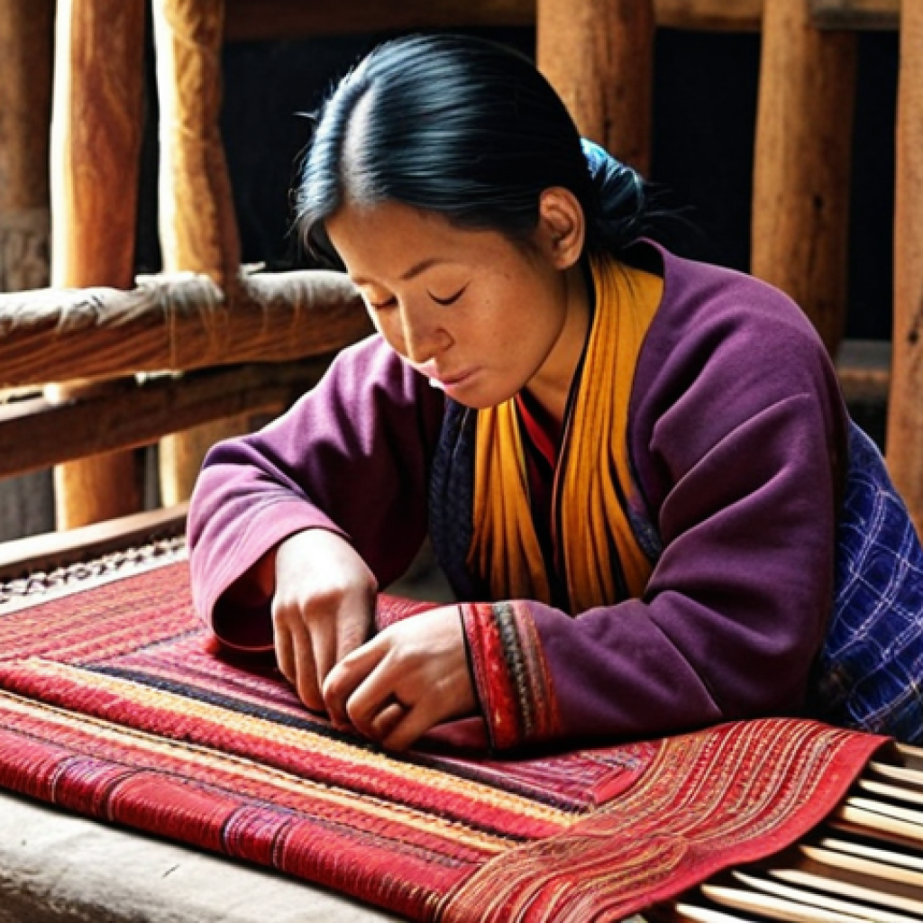 **Prompt for Image 1 (Textiles):**
    A Bhutanese woman diligently weaving a traditional textile (Kira) on a simple wooden loom in a rustic workshop. The fabric features intricate geometric patterns and vibrant colors like deep red, saffron, and indigo. Natural light illuminates her focused expression and skilled hands, highlighting the texture of the threads and the rich cultural symbolism embedded in the patterns. Authenticity, warmth, high detail.