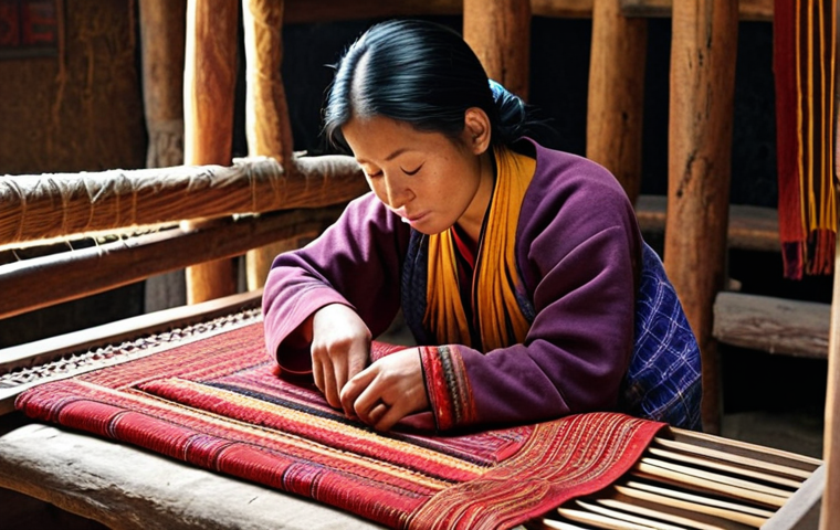 **Prompt for Image 1 (Textiles):**
    A Bhutanese woman diligently weaving a traditional textile (Kira) on a simple wooden loom in a rustic workshop. The fabric features intricate geometric patterns and vibrant colors like deep red, saffron, and indigo. Natural light illuminates her focused expression and skilled hands, highlighting the texture of the threads and the rich cultural symbolism embedded in the patterns. Authenticity, warmth, high detail.