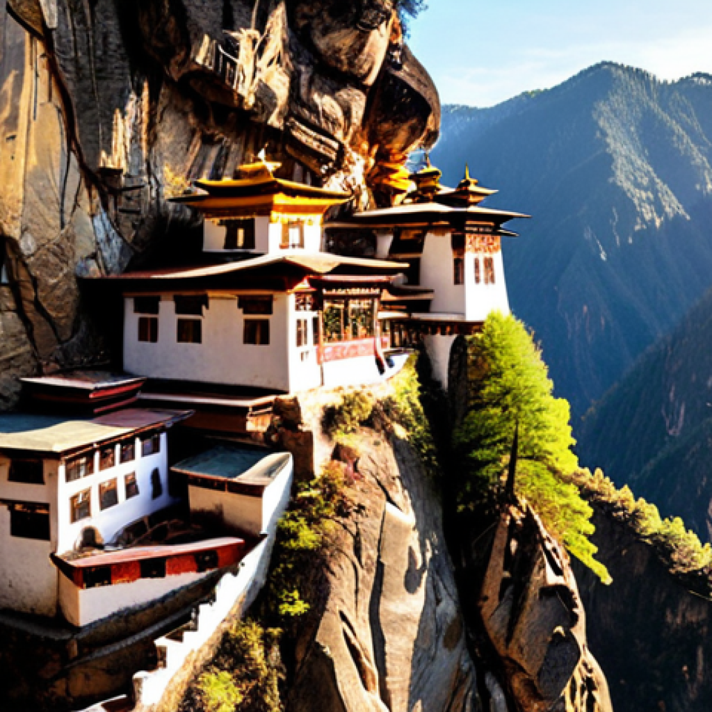 **A panoramic view of Taktsang Monastery (Tiger's Nest) clinging to a cliffside in Bhutan, bathed in golden sunlight. Capture the spiritual essence and breathtaking scenery, with a sense of awe and wonder.**