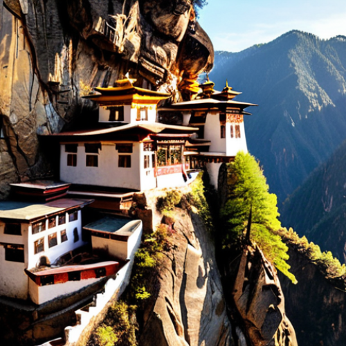 **A panoramic view of Taktsang Monastery (Tiger's Nest) clinging to a cliffside in Bhutan, bathed in golden sunlight. Capture the spiritual essence and breathtaking scenery, with a sense of awe and wonder.**