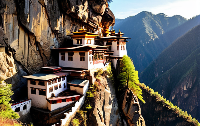 **A panoramic view of Taktsang Monastery (Tiger's Nest) clinging to a cliffside in Bhutan, bathed in golden sunlight. Capture the spiritual essence and breathtaking scenery, with a sense of awe and wonder.**