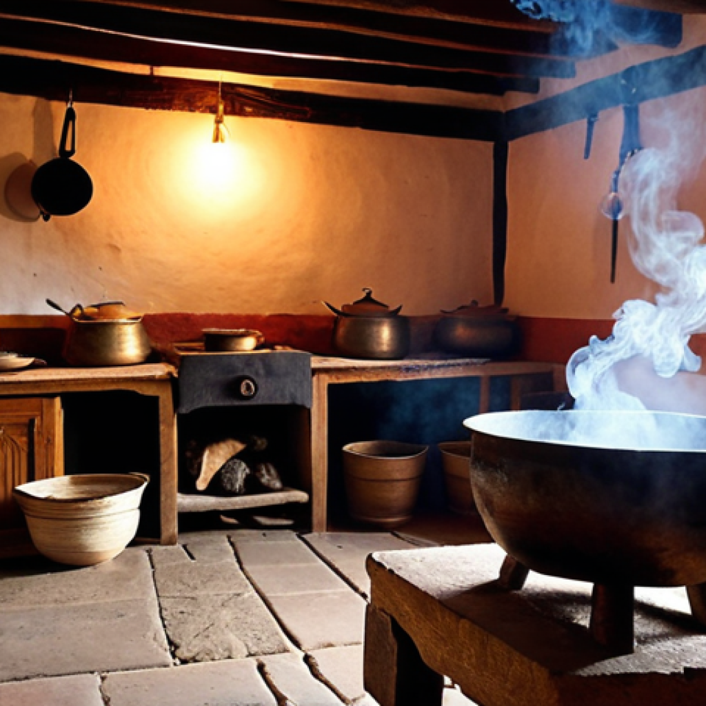 **Prompt:** A traditional Bhutanese kitchen scene inside the Folk Heritage Museum, Thimphu. An open fire burns under a simple cooking pot. Ema Datshi simmers, releasing fragrant smoke. Traditional cooking tools hang on the wall. Warm, inviting light. Realistic.