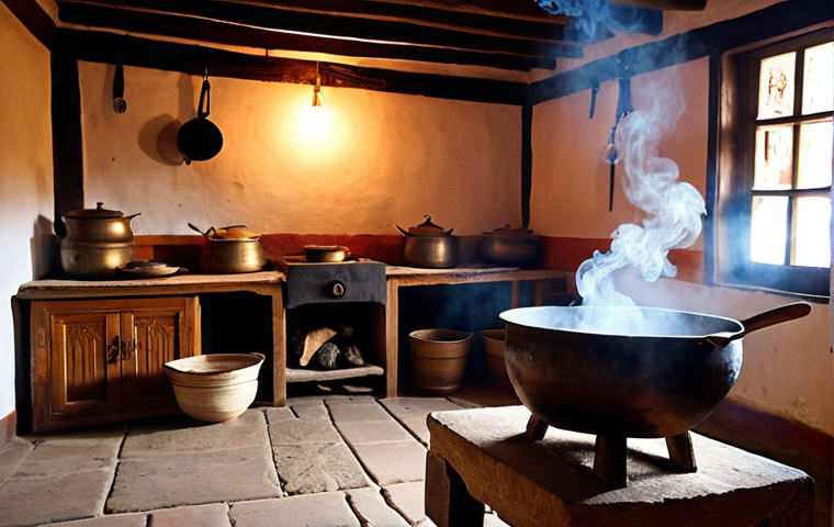 **Prompt:** A traditional Bhutanese kitchen scene inside the Folk Heritage Museum, Thimphu. An open fire burns under a simple cooking pot. Ema Datshi simmers, releasing fragrant smoke. Traditional cooking tools hang on the wall. Warm, inviting light. Realistic.