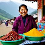 A vibrant, bustling Bhutanese market scene. A friendly, middle-aged Bhutanese woman in a traditional, modest Kira, fully clothed, stands behind a stall, presenting an array of colorful dried red chilies, golden turmeric, and fresh ginger. The market background is filled with the soft chatter of people, displaying various fresh produce and traditional goods under warm natural light. The atmosphere is calm and inviting, showcasing daily life and cultural authenticity. Perfect anatomy, correct proportions, natural pose, well-formed hands, proper finger count, natural body proportions, professional photography, high quality, safe for work, appropriate content, family-friendly.