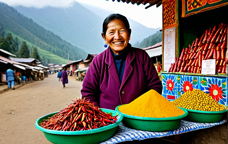 A vibrant, bustling Bhutanese market scene. A friendly, middle-aged Bhutanese woman in a traditional, modest Kira, fully clothed, stands behind a stall, presenting an array of colorful dried red chilies, golden turmeric, and fresh ginger. The market background is filled with the soft chatter of people, displaying various fresh produce and traditional goods under warm natural light. The atmosphere is calm and inviting, showcasing daily life and cultural authenticity. Perfect anatomy, correct proportions, natural pose, well-formed hands, proper finger count, natural body proportions, professional photography, high quality, safe for work, appropriate content, family-friendly.